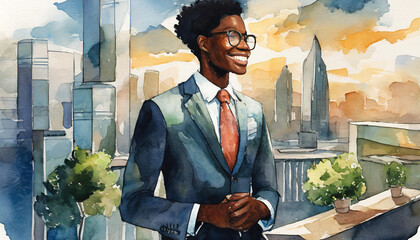 Watercolor painting illustration of happy office life: Portrait headshot of smiling business person smartly dressed in a suit with modern office backdrop. Young black male
