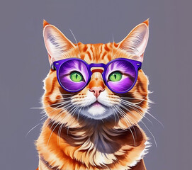 Funny portrait of smiling ginger cat in violet sunglasses on purple gray background.