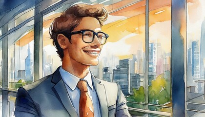 Watercolor painting illustration of happy office life: Portrait headshot of smiling business person smartly dressed in a suit with modern office backdrop. Middle aged male