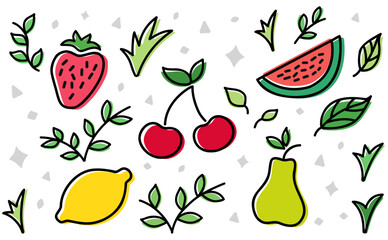 a set of colorful doodle fruits in flat style isolated on white. bright color palette. 