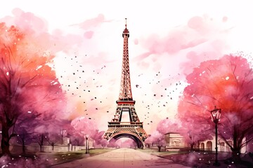 a painting of a tower with pink trees