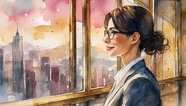 Watercolor painting illustration of happy office life: Portrait headshot of smiling business person smartly dressed in a suit with modern office backdrop. Middle aged woman
