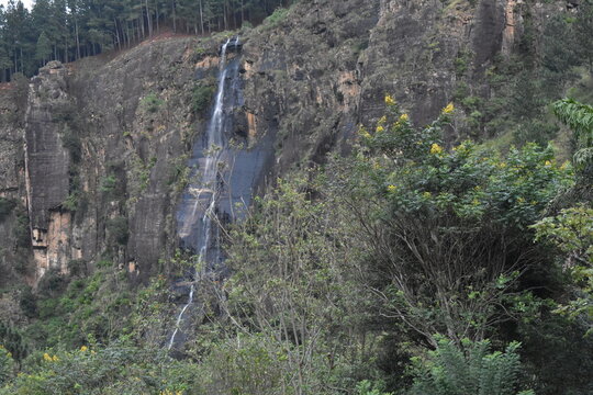 Bambarakanda Falls can be seen on Devil's Staircase Road, Kalupahana, Sri Lanka.