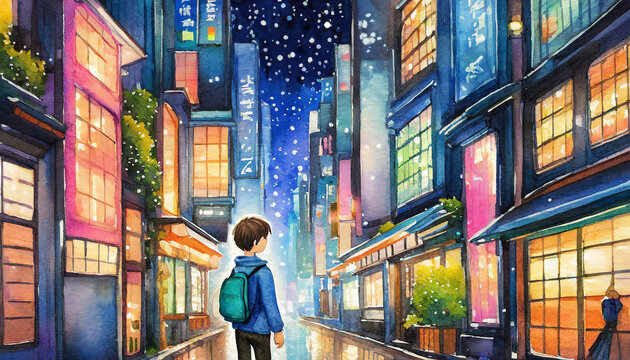 Watercolor painting illustration of a young man walking in a japanese cityscape at night with leading lines, modern and traditional elements with neon colours and signs