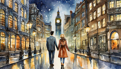 A romantic couple on holiday walk away while holding hands centrally in a popular tourist city at night with bright lights, vibrant colours, stars and destinations in background. Leading lines. London - obrazy, fototapety, plakaty