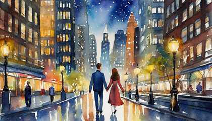 A romantic couple on holiday walk away while holding hands centrally in a popular tourist city at night with bright lights, vibrant colours, stars and destinations in background. Leading lines. NYC