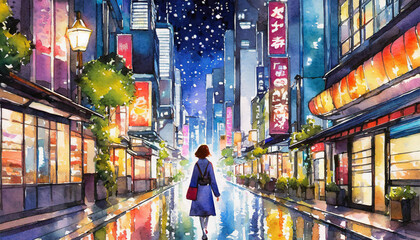 Watercolor painting illustration of a young girl walking in a japanese cityscape at night with leading lines, modern and traditional elements with neon colours and signs
