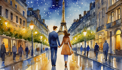 A romantic couple on holiday walk away while holding hands centrally in a popular tourist city at night with bright lights, vibrant colours, stars and destinations in background. Leading lines Paris