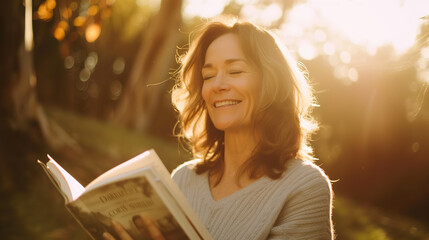 a smiling middle aged woman with brown hair reading a book, warm sun light