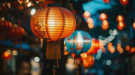 A vibrant Chinatown with hanging lanterns - obrazy, fototapety, plakaty