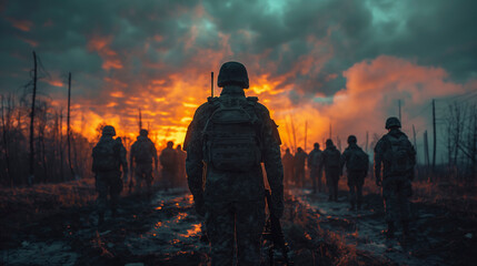 Escena de guerra, soldados andando por el campo de batalla al atardecer, con el sol de frente  - obrazy, fototapety, plakaty