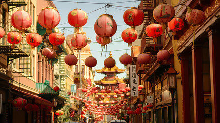 A vibrant Chinatown with hanging lanterns