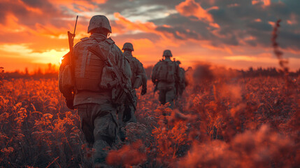 Escena de guerra, soldados andando por el campo de batalla al atardecer, con el sol de frente  - obrazy, fototapety, plakaty