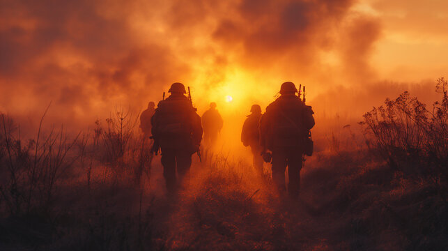 Escena de guerra, soldados andando por el campo de batalla al atardecer, con el sol de frente 