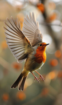 a picture of a robin in flight looking behind itself, dynamic pose