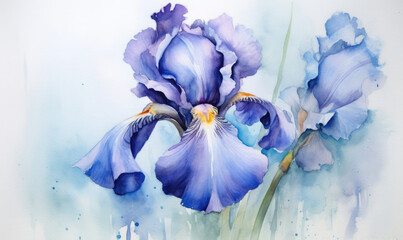 Blue Iris Flower Painting on White Background