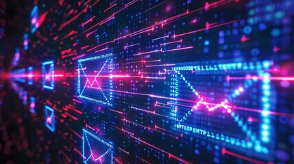 Obraz premium Simple Mail Transfer Protocol, with abstract technology background with binary code and mail signs .Email marketing concept. 