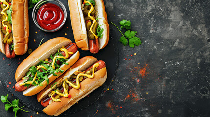 Homemade hot dogs with sauces, copy space