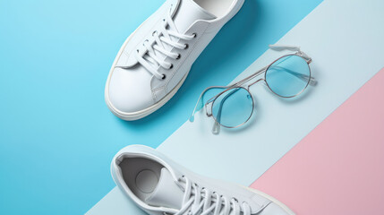 A minimalist flat lay composition featuring trendy white sneakers paired with cool blue-tinted sunglasses on a split pastel blue and pink background.