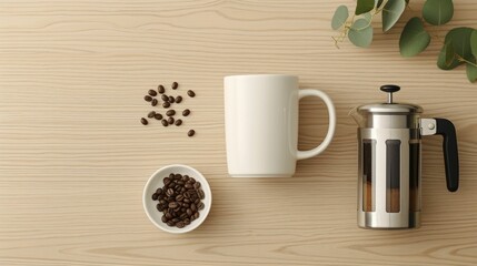 Fototapeta na wymiar Minimalistic flat lay photograph of coffee setup with a white mug, French press, and whole beans on a light wooden table, accented by green leaves.