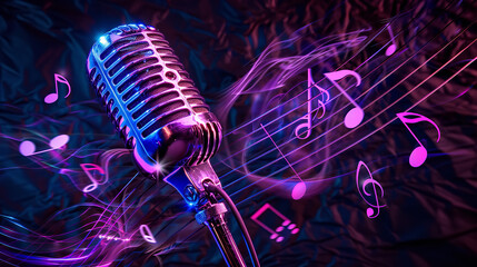 photo of microphone in ultraviolet light on a black background and flying notes