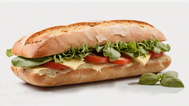 Sandwich with cheese, tomato and lettuce on a white background.