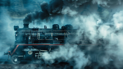 Portrait up of a classic steam locomotive in motion, color black, clear smoke, a railway - obrazy, fototapety, plakaty