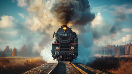 Portrait up of a classic steam locomotive in motion, color black, clear smoke, a railway