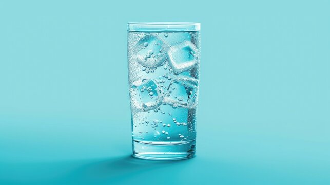 A refreshing glass of water filled with ice cubes, bubbles, and a cool blue backdrop suggesting hydration and freshness.
