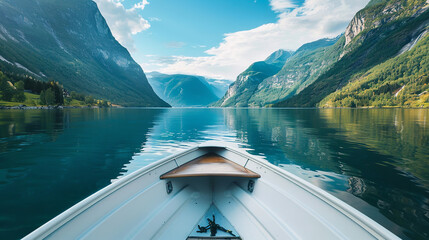 view from the bow of a small modern boat to a smooth calm lake and beautiful mountains around - Powered by Adobe