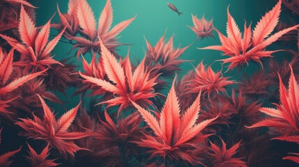 Background with Salmon marijuana leaves - obrazy, fototapety, plakaty