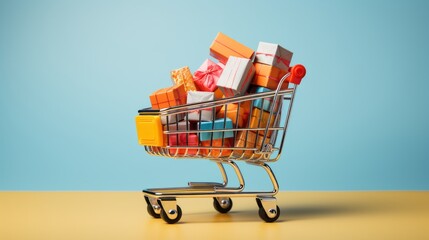 Gift boxes in a trolley on the pastel background