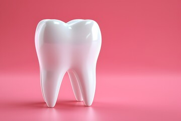 3d white teeth root on a pink background 