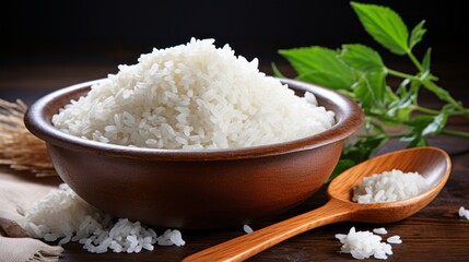 Obraz na płótnie Canvas White rice in wooden bowl and wooden spoon with cooked rice on wooden background