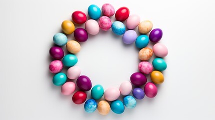 Flat lay frame with easter eggs on white background