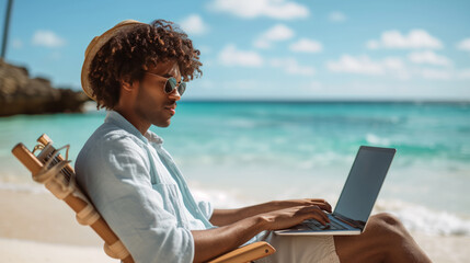 A man sits on a beach chair with a laptop on his laps against a beautiful ocean backdrop, embodying a freelance, remote work lifestyle. Ai generative
