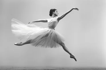 Fotobehang A ballerina defying gravity with a powerful leap, shattering conventional notions of femininity and showcasing physical prowess © Tymofii