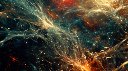 Abstract streams of cosmic debris weave and intertwine in a complex web evoking the vastness and mystery of the cosmos.