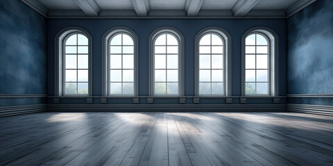 An Empty Room With Blue Walls and Windows