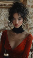 Fototapeta premium A classy ebony woman with long hand gloves, sitting at a luxury restaurant table, in a red silk dress, classy black turtleneck pullover, red lipstick, and makeup.