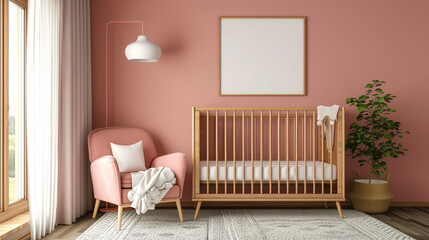 Cozy nursery room with pink walls, wooden crib, and armchair. Home comfort and childcare concept Generative AI