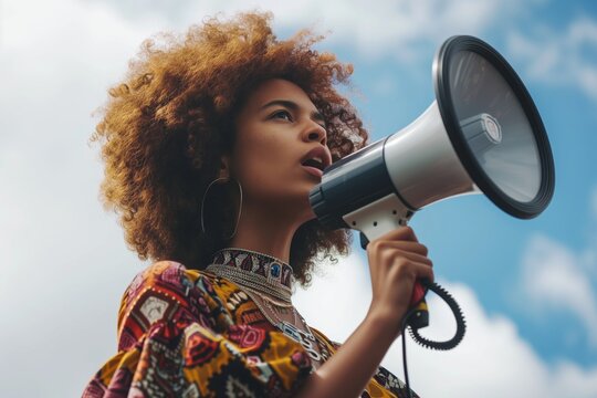 A woman holding a megaphone, her voice resonating across the globe, advocating for equality