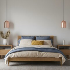 a photorealistic 3d render of a scandinavian home bedroom interior mockup, featuring a wooden bed, beige and blue bedding, pillows, a vase of pampas and a copper lamp on an empty wall background