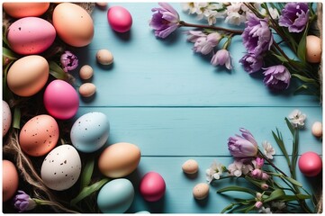 Obraz premium Easter background with Easter eggs and spring flowers. Top view with copy space.
