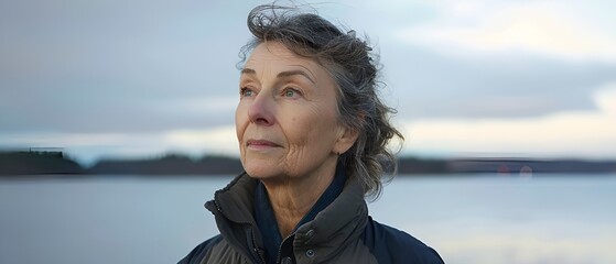 A middle-aged woman looking thoughtfully into the distance, lake and clouds in the background.
