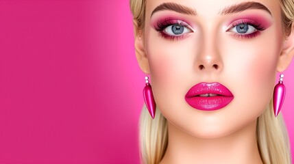 A portrait of a blonde woman with pink lips on a pink background. Cosmetics and beauty concept.