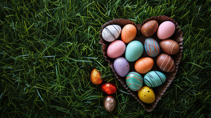 Fototapeta na wymiar colorful Easter decorated eggs in the grass, banner, poster, card