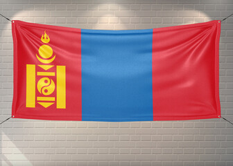 Mongolia national flag cloth fabric waving on beautiful bricks Background.
