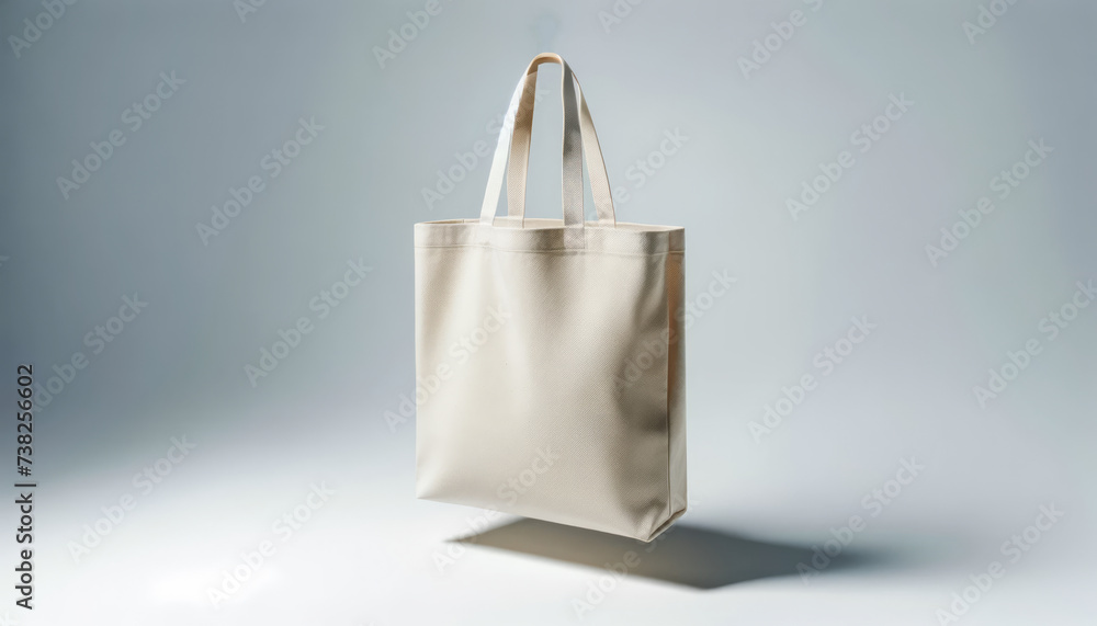 Poster a blank tote bag stands upright against a gradient light blue background offering ample copy space f
