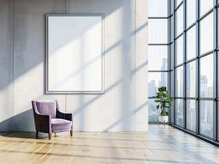 A modern office interior with a large blank poster on the wall, a purple chair, floor-to-ceiling windows, and a plant. Ai generative